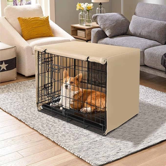 Seiyierr Dog Crate Cover - Kennel Cover Fit for 30 Inch, Double Door Polyester Crate Cover for Wire Dog Crate Indoor Outdoor Protection, Light Tan