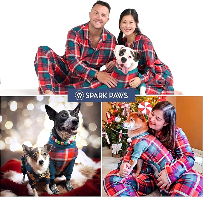 Spark Paws Dog Christmas Pajama, Dog Recovery Suit Male, Onesie, Ultra-Soft and 4-Way Stretch, for Small Medium and Large Breeds - Green and Red Plaid - XL