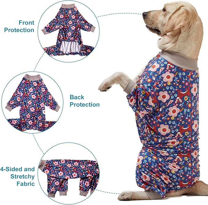 LovinPet Pit Bull Pajamas Large Dogs PJS - Tiger Garden Blue and Pink Print/Lightweight Stretchy Knit Big Dog Pullover Jammies, Large Breed Dog Pajamas, Pet PJ's/XXL