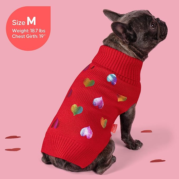 KYEESE Valentines Dog Sweater, Comfy Dogs Coat with Leash Hole, Stretchy Pullover Dog Sweaters for Small Dogs, Soft Turtleneck Small Pet Sweater, Warm Puppy Clothes with Heart Sequined Printing, XS