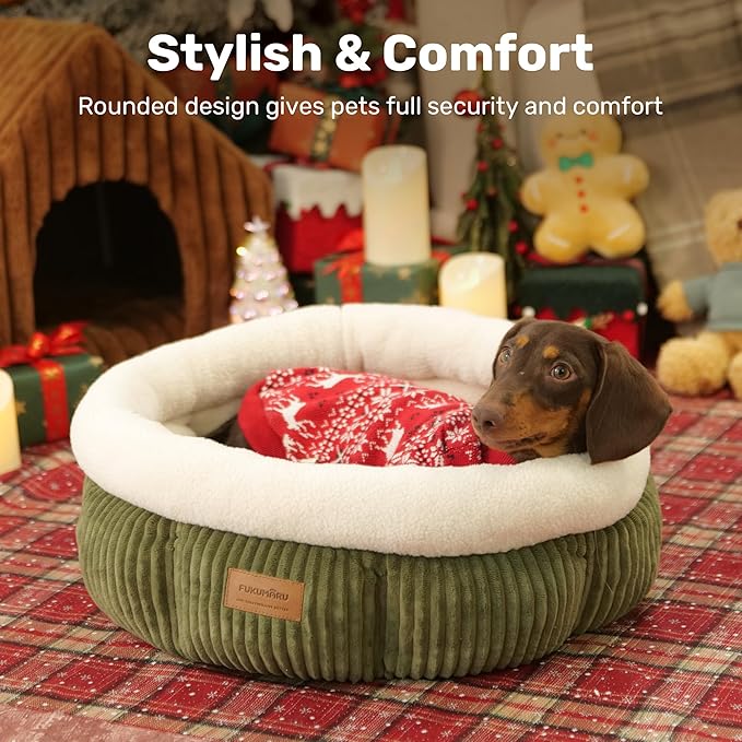 FUKUMARU Cat Bed, Corduroy Round Cat Beds for Indoor Cats, Washable Fluffy Pet Bed for Cats and Puppy, Soft Cute Small Dog Beds, Green