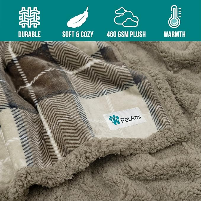PetAmi Dog Blanket for Medium Large Dogs, Pet Bed Blanket Cat Puppy Kitten, Fleece Furniture Couch Cover Protector Sofa Car, Soft Sherpa Dog Throw Plush Reversible Washable, 40x60 Plaid Taupe