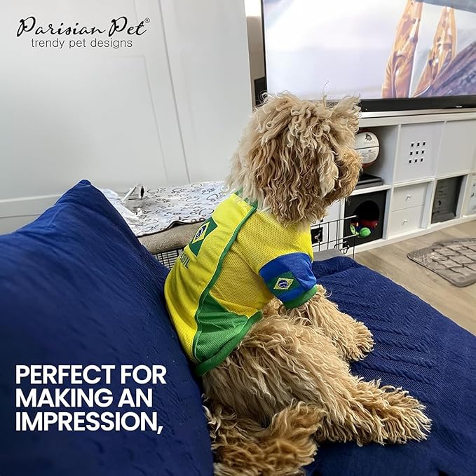 Parisian Pet Dog Jersey - Embroidered “ Brasil “ Breathable Mesh Fabric Brazil Soccer Outfit - Football, and Olympic Sportswear Brazil Dog Clothes - Jerseys for Large Dogs - 4XL