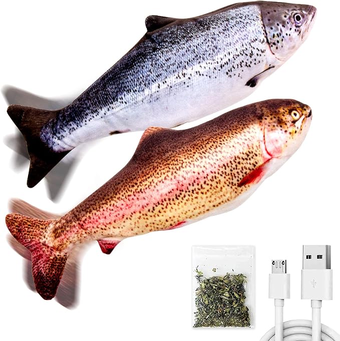 TOOGE 2 Pack 9" Floppy Fish Cat Toys with SilverVine and Catnip for Indoor Cats Interactive Flopping Fish Cat Kicker Catnip Toys for Cats Puppy Small Dogs (Salmon + Rainbow Trout)