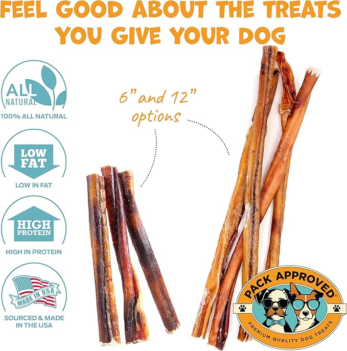Standard Beef Bully Sticks for Large Dogs - Long Lasting Dog Chews for Aggressive Chewers - No Hide Dog Chews for Large Dogs - 12" (8ct)