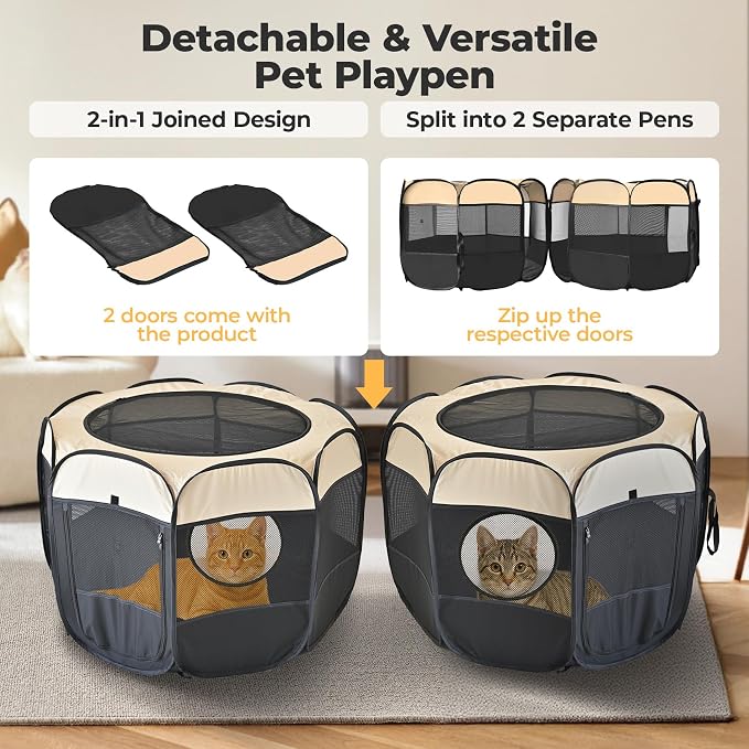 2-in-1 Pop Up Cat Playpen, Detachable into 2 Separate Pens, Assembly-Free Portable Puppy House Collapsible Dog Crates Pet Pen Tent Kennel Kitten Enclosure Cage Indoor Outdoor Foldable(S)