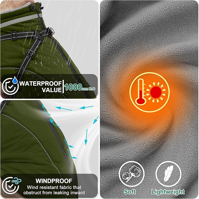 Fragralley Dog Coat with Harness Built in, Waterproof Windproof Reflective Warm Puffer Jacket, Fleece Lined Vest Winter Parka for Small, Medium, Large Dogs