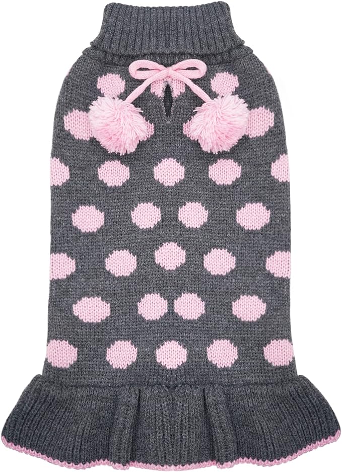 KYEESE Dog Sweater Dress Polka Dot Dog Sweater for Girl with Leash Hole Knit Warm Dogs Clothes with Pom Pom Ball for Fall Winter