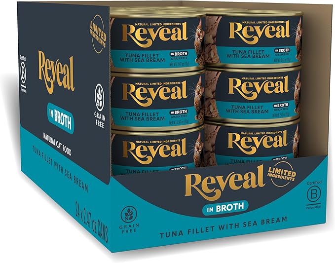 Reveal Natural Wet Cat Food, 24 Count, Grain Free, Limited Ingredient Canned Food for Cats, Tuna with Sea Bream in Broth, 2.47 oz Cans