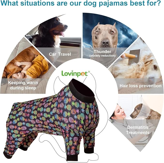 LovinPet Large Dog Clothes for Pitbulls Male, Dog Onesie with Uv Protection,Anxiety Calming Dog Shirt,Lightweight Fabric,Pinapple Paradise Black Print, Onesies for Dogs, Pajamas for Pitbulls, XL