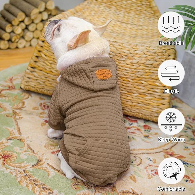 BEAUTYZOO Small Dog Hoodie Sweater with Pockets, Dog Clothes for Small Medium Dogs Boy Girl, Waffle-Like Laminated Cotton Pet Coats with Hat and Leash Hole, Khaki L