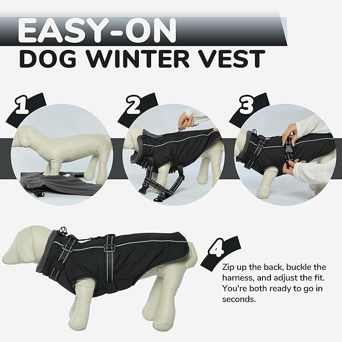 PUMYPOREITY Snow Jacket for Large Dogs Waterproof, Warm Dog Winter Coat with Harness Built in, Fleece Jacket with Back Zipper, Cold Weather Coats for Outdoor, Windproof Pet Snowsuit, Black, 3XL