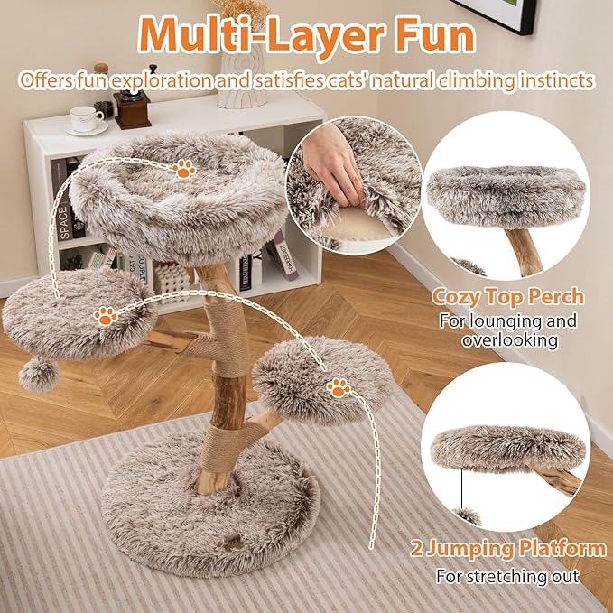 Tangkula Solid Wood Cat Tree, Multi-Level Modern Cat Tower with Scratching Posts, Cozy Top Perch, 2 Platforms, Dangling Ball, Soft Long Plush, Natural Branch Cute Cat Tree for Indoor Kittens