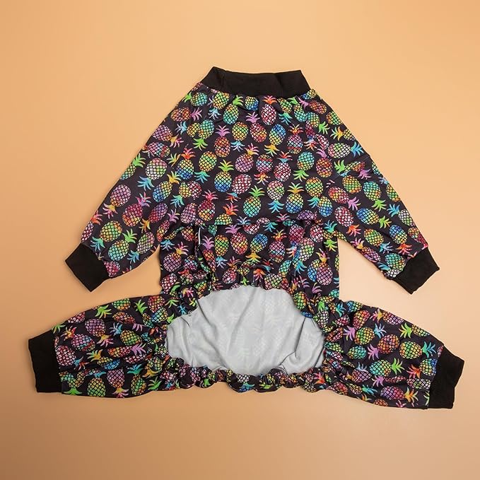 LovinPet Large Dog Clothes for Pitbulls Male, Dog Onesie with Uv Protection,Anxiety Calming Dog Shirt,Lightweight Fabric,Pinapple Paradise Black Print, Onesies for Dogs, Pajamas for Pitbulls, XL