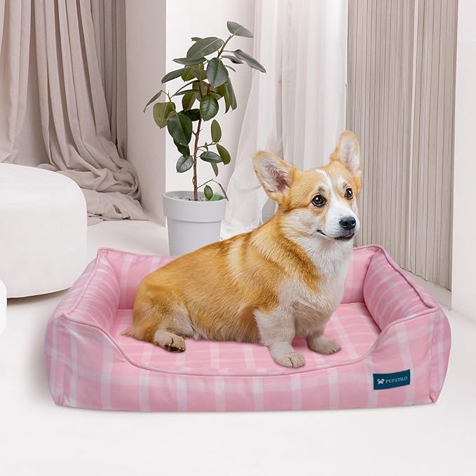 Pupstilo Orthopedic Bolster Dog Bed – CertiPUR-US Foam, Recycled Polyester Canvas, Washable Cover, Anti-Slip Bottom, Medium, Pink Check – Stylish Designer Dog Sofa