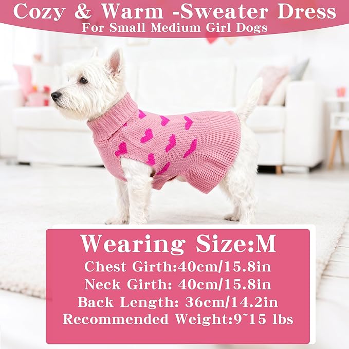 Dog Sweater Dress Heart Pink Turtleneck Knit Dress for Small Dogs 9-15 lbs Valentine Winter Pullover with Leash Hole for Wedding Mothers Day Valentine's Day