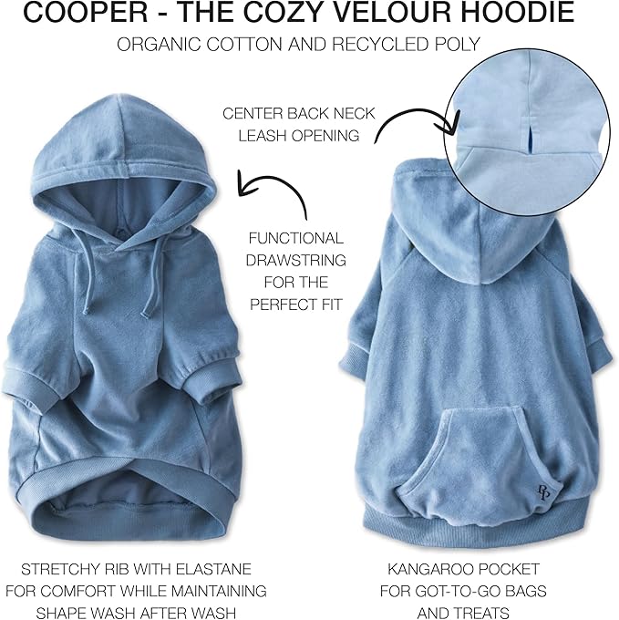 Cooper II Organic Cotton Velour Dog Hoodie Pet Coat for Small, Medium and Large Dogs, Faded Denim, XX-Large (70-110 lbs)