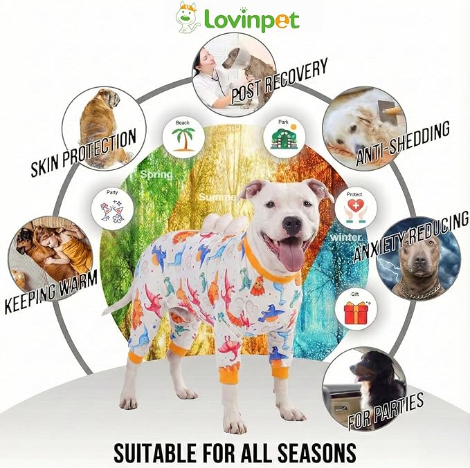 LovinPet Large Dog Pajamas, Four-Leg Stretch Onesie Bodysuit, Lightweight UV-Shielding Pajamas, Anti-Lick Calming Recovery Suit for Surgery, 3D Dino Egg Spikes, Easy on/Off， White， L