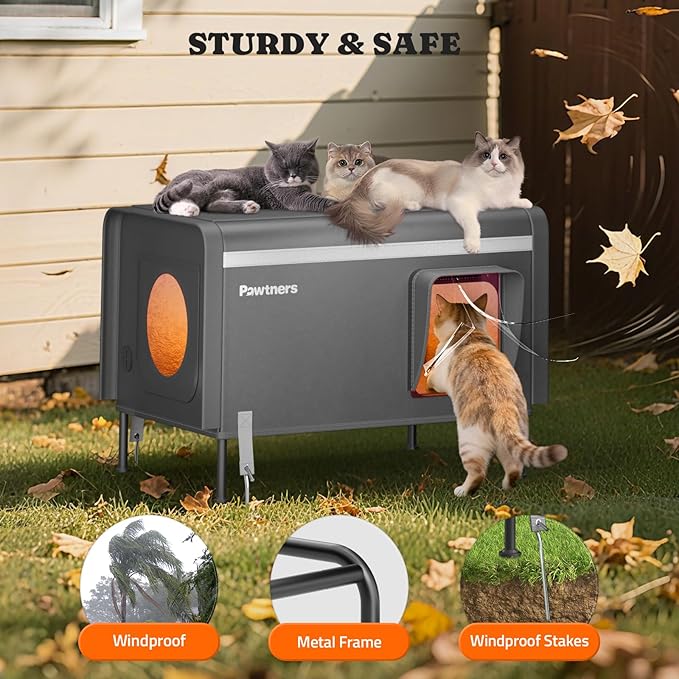 Pawtners Heated Outdoor Cat House for Outside Cats, 26'' XL Insulated Weatherproof Cat Shelter with Heated Pad, Elevated Feet & Escape Door, Warm Kitty House for Feral or Stray Cats in Winter