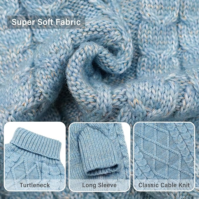KYEESE Dog Sweater Stretchy Pet Coats, Soft Classic Cable Knit Dog Sweater for Small Dogs Turtleneck Small Dogs Sweaters with Long Sleeve for Cold Weather, Blue, Medium