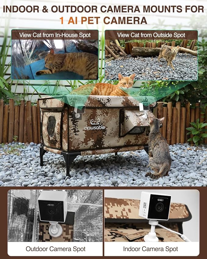 Indestructible Heated Cat House with Pet Camera for Outside Winter, 100% Waterproof, Escape Door, Insulated Outdoor Cat Shelter with Heater for Feral Barn Cat Kitty (Desert Camouflage, 26"x16"x18")