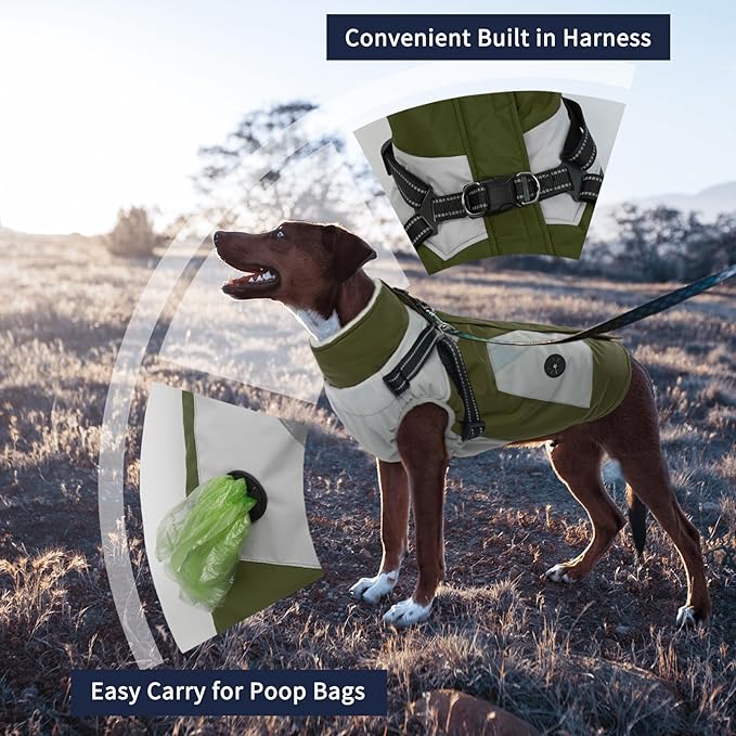 IECOii Dog Winter Coat Waterproof - Green, Medium - Dog Coat with Harness Built in for Medium Dogs, Thermal Warm Fleece Lined with Zip Up Cold Weather Jacket, Reflective Snowsuit for Outdoor Hiking