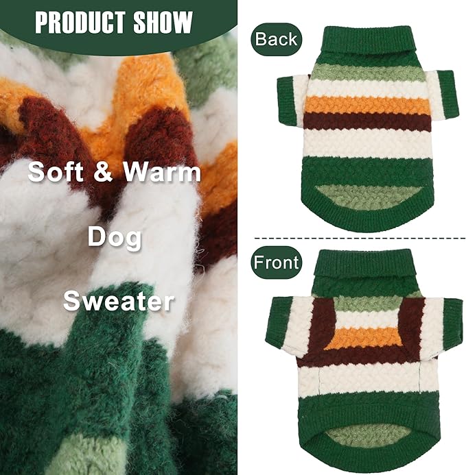 Dog Sweater, Classic Turtleneck Knitted Striped Dog Sweaters, Warm Sweater for Winter, Soft Christmas Sweaters for Boy Girl, Dogs Clothes for Small/Medium Cats, Doggys (Green, Small)