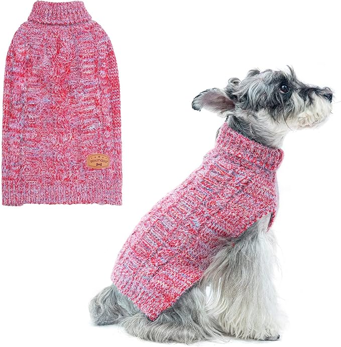 BEAUTYZOO Small Dog Sweater -Turtleneck Pullover Classic Cable Knit Fuzzy Winter Coat Dog Cold Weather Clothes for Small Medium Dogs Puppy Girl Boys(Gradient Red, XS)