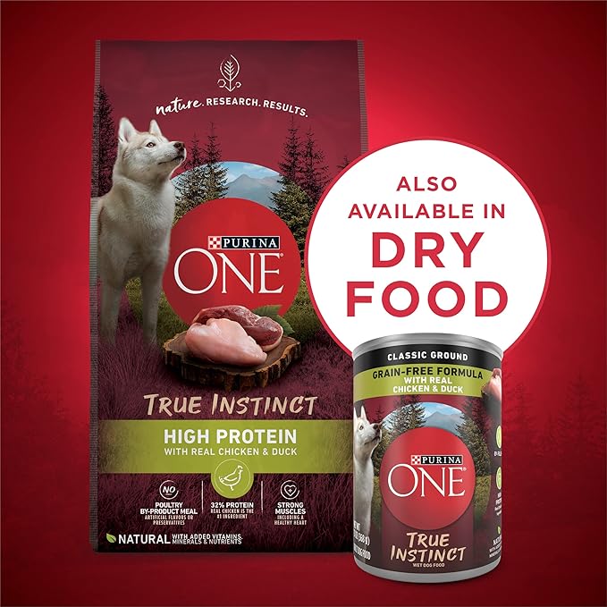 Purina ONE Wet Dog Food True Instinct Classic Ground Grain-Free Formula With Real Chicken and Duck High Protein Dog Food - (Pack of 12) 13 oz. Cans