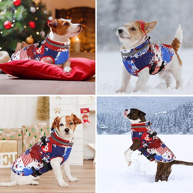 Dogcheer Dog Winter Coat, American Flag Dog Jacket with Harness, Adjustable Puppy Coat with Zipper, Waterproof Pet Fleece Jacket Snowsuit for Small Medium Large Dogs - US Flag 2XL