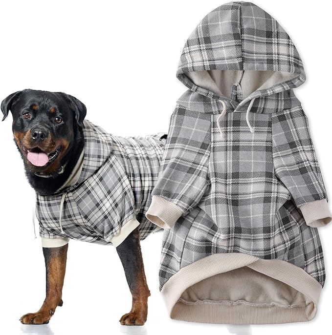 Rocky II - The Extra Comfy Hoodie, Organic Cotton and Recycled Poly Dog Hoodie Pet Coat Sweater for Small, Medium, Large Dogs, Gray Chesterfield Plaid, X-Small