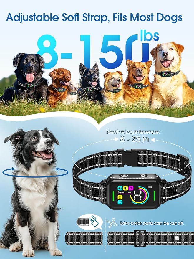 DINJOO Dog Bark Collar for Large/Medium/Small Dogs | Rechargeable Smart AI Anti-Barking Training Collar with 8 Adjustable Sensitivity, Beep & Vibration Modes | Solves Excessive Barking - Dark Black