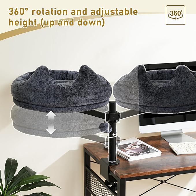 AurnaGle Cat Desk Bed, 360° Rotating & Adjustable & Lock Cats Bed for Desk, Grey Soft with Long Plush Fabric Mat, Modern Indoor Cat Nest Furniture for Office Desks and Game Tables, Island Table