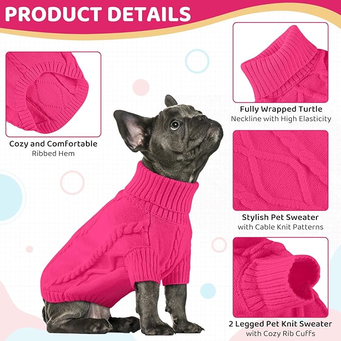 Queenmore Small Dog Pullover Sweater, Cold Weather Cable Knitwear, Classic Turtleneck Thick Warm Clothes for Chihuahua, Bulldog, Dachshund, Pug (Fuchsia, X-Large)