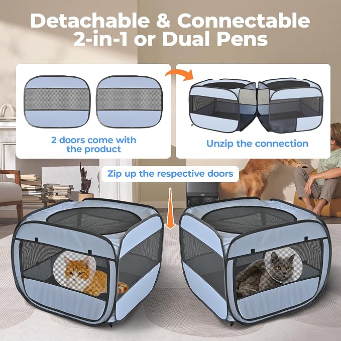 2-in-1 Pop Up Cat Playpen, Detachable into 2 Separate Pens with Additional Doors, Assembly-Free Portable Dog Crates Pet Pen Tent Kennel Kitten Puppy Enclosure Cage Indoor Outdoor Foldable Condo(S)