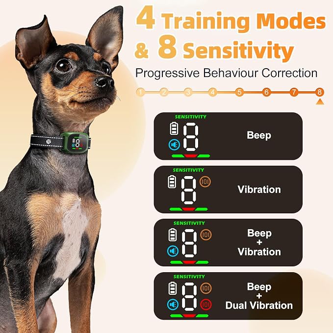 Anti Bark Collar for Small Dogs, Humane No Shock Dog Barking Collars, 4 Modes & 8 Sensitivity Levels, Smart Auto Detection Device Rechargeable Training Bark Collar for Small Medium Dogs 5-18lbs Orange