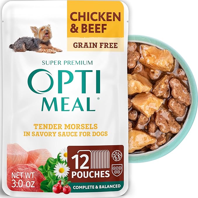 Optimeal Wet Dog Food Pouches - Grain Free Chicken & Beef Recipe, High Protein, Tender Morsels in Savory Sauce, Made with Natural Ingredients for Dogs, Premium Nutrition - 3 oz, Pack of 12