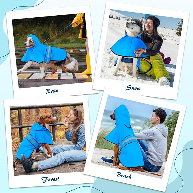 Weesiber Dog Raincoat, Adjustable Dog Rain Jacket Hooded Poncho Slicker, Reflective Pet Rain Coat for Walking (L, Blue)