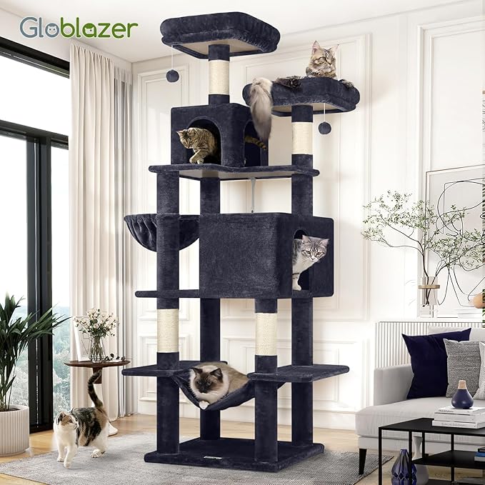 Globlazer Cat Tree Tower, 76-Inch Extra Tall Multi-Level Cat Furniture with Cozy Condos, Hammock and Perches for Adult Cats, Perfect for Climbing, Scratching, and Play, F76, Dark Grey