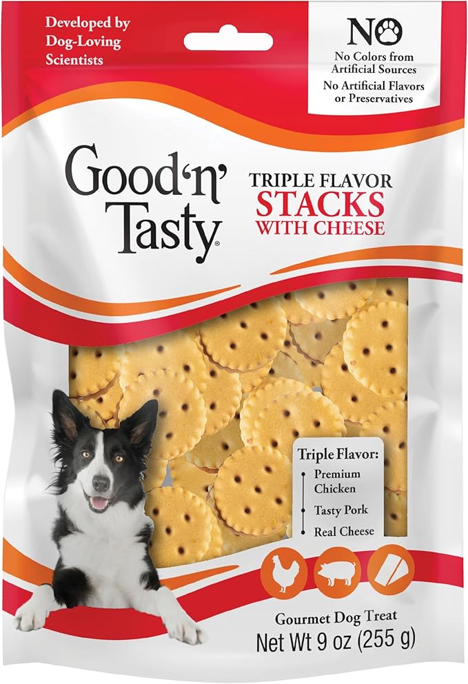 Good 'n' Tasty Triple Flavor Stacks with Cheese, 9 Ounces, Bite Sized Snacks for Dogs with Premium Chicken and Real Cheese