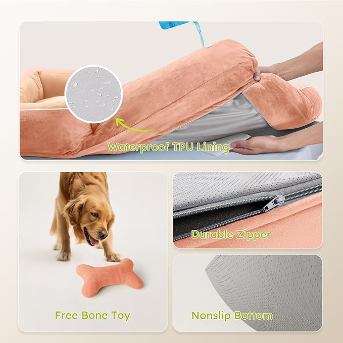 Extra Large Dog Bed, Orthopedic Dog Bed with Cooling Gel Memory Foam, Waterproof XL Pet Bed with Removable Washable Cover, 42" Pet Sofa Couch Dutch Velvet with Bone Toy, Peach Pink