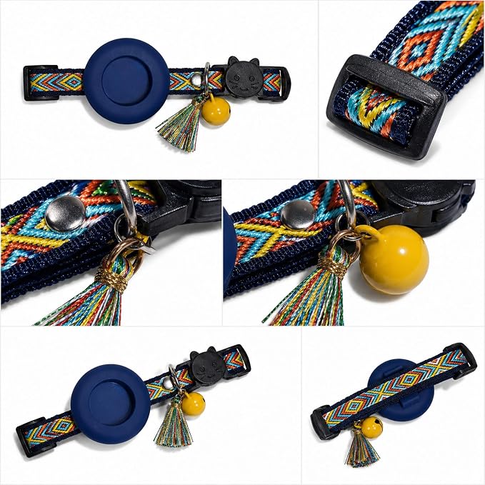 Cat Collar with AirTag Holder – Breakaway Lightweight Woven Cat Collar, Adjustable with Bell for Cats & Kittens (Ocean Voyage Set) | Amazegoods