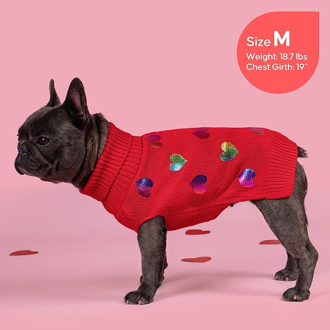KYEESE Valentines Dog Sweater, Soft Turtleneck Small Dog Sweater, Stretchy Pullover Pet Sweaters for Small Dogs, Comfy Dogs Coat with Leash Hole, Warm Pet Clothes with Heart Sequined Printing, M