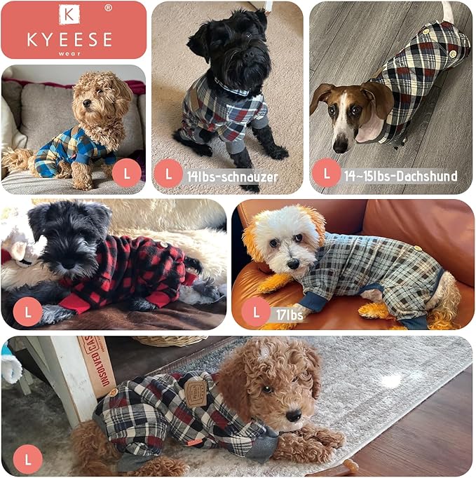 KYEESE Dog Pajamas Velvet Pets Onesie Comfy Pet Costume Soft Dogs Clothes Pet Jammies Red Buffalo Check Pet Pjs Stretchy Dog Pajamas for Small Dogs Warm Pets Outfit,L