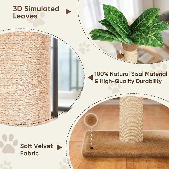 XiaZ Cat Scratching Post 34 Inches Tall, Cat Tower Scratcher Extra Wide 15.8" Stable Base with 4 Non-Slip Pads, 2 Interactive Toy Balls, Natural Sisal & Plush Fabric for Any Cats (Brown, 4.5in)