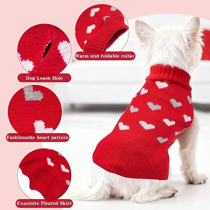 Dog Sweater Dress Heart Red Turtleneck Knit Dress for Small Dogs 9-15 lbs Valentine Winter Pullover with Leash Hole for Wedding Mothers Day Valentine's Day