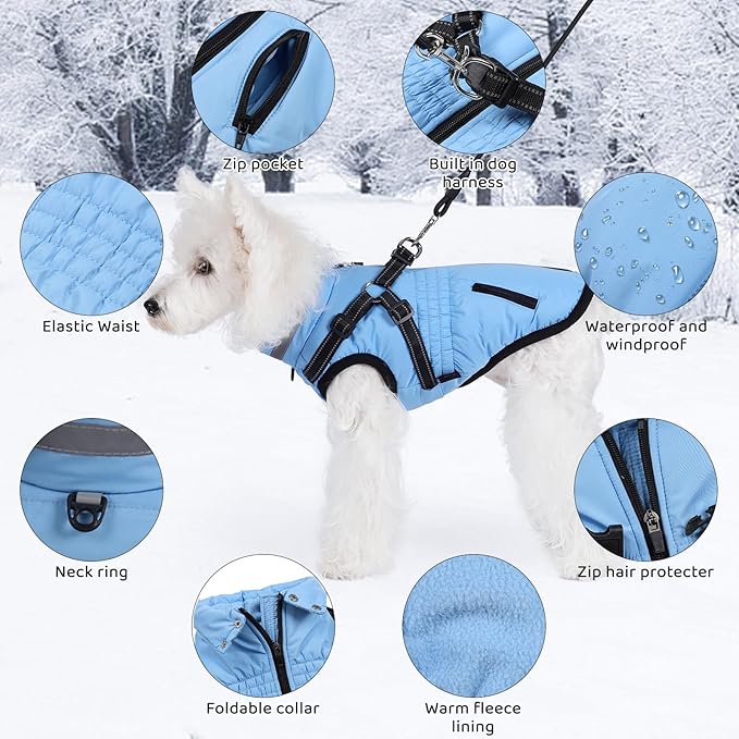 Gyuzh Dog Coat with Harness,Dog Coats for Small Dogs,Warm Fleece Winter Puppy Jacket,Waterproof Jacket with Harness Built in for Small Medium Large Dogs