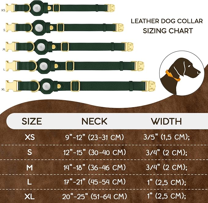 Leather Airtag Dog Collar - Soft Tracking Dog Collar with Apple AirTag Holder and Metal Buckle - Safety GPS Pet Collars for Small Medium Large Dogs Puppy Pink Red (Green, S, 12"-15" Neck Fit)
