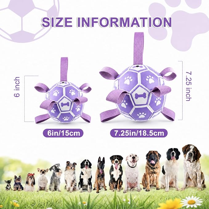 Dog Soccer Ball with Straps, 6 Inch Herding Dog Ball Toys Dog Birthday Toy, Balls for 20-40lbs Dogs, Outdoor Puppy Toys for Small Medium Dogs, Interactive Toy for Tug, Water Toy Ball,Purple