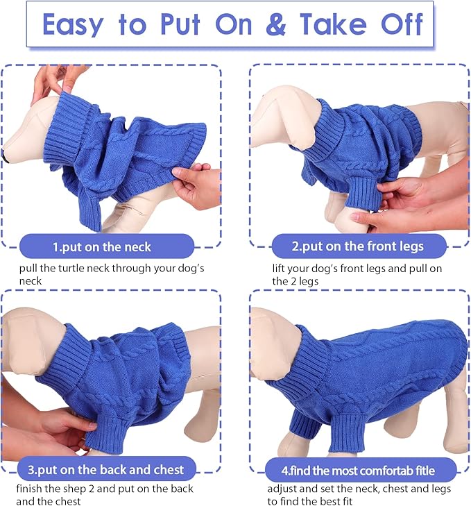 Queenmore Small Dog Pullover Sweater, Cold Weather Cable Knitwear, Classic Turtleneck Thick Warm Clothes for Chihuahua, Bulldog, Dachshund, Pug (Royal Blue, X-Small